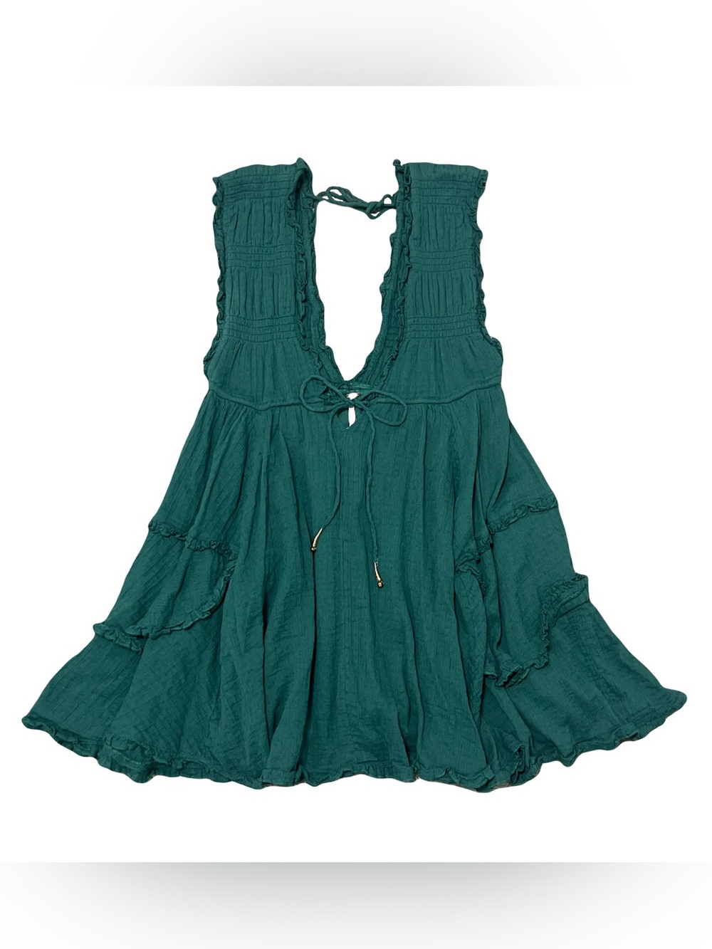 Free People Antoinette Plunge Vneck Tiered Dress 100% Cotton | Deep Jade | Small
